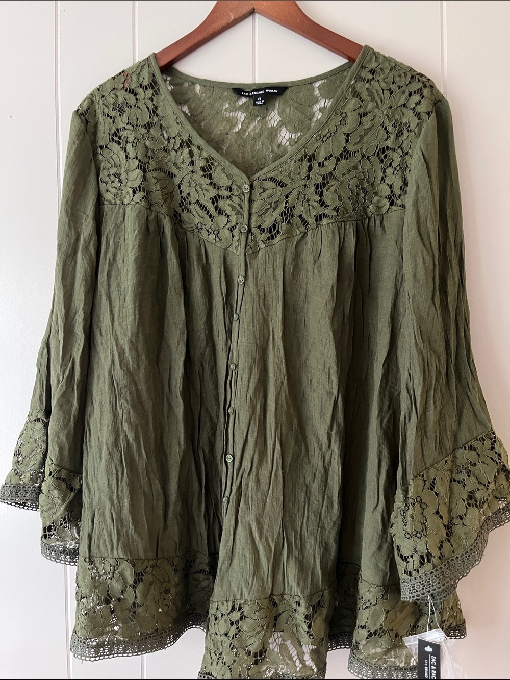 Olive Green Lace-Trim Button Front Women's Top